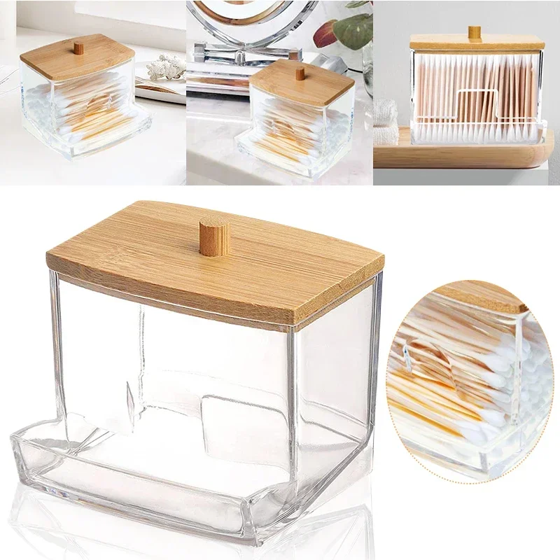 Cotton Swab Holder Cotton Swab Dispenser with Bamboo Lids Bathroom Storage Jars Clear Organizer Containers Plastic Storage Box 2