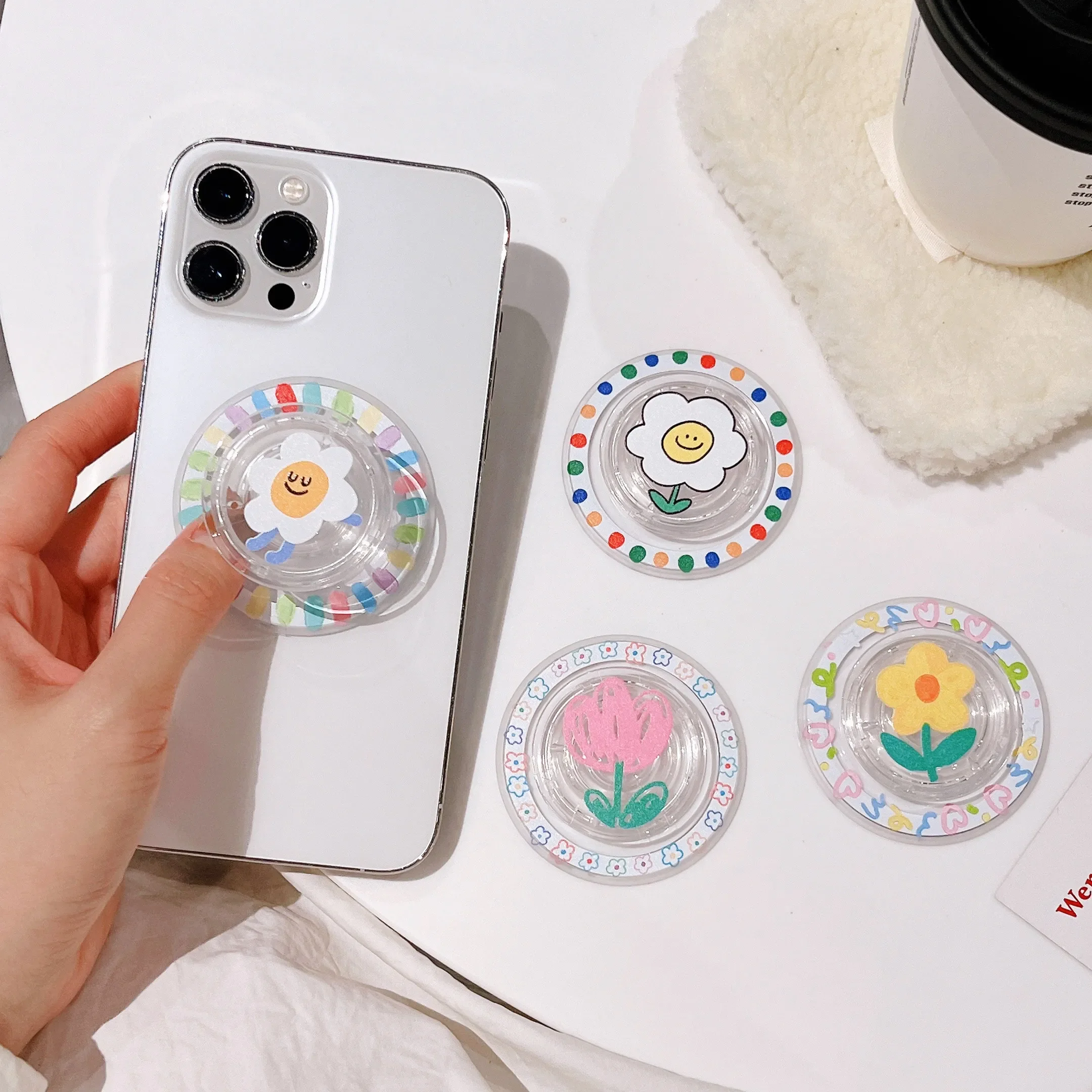 

Magnetic snap phone holder cute cartoon flower series universal mobile phone foldable and retractable