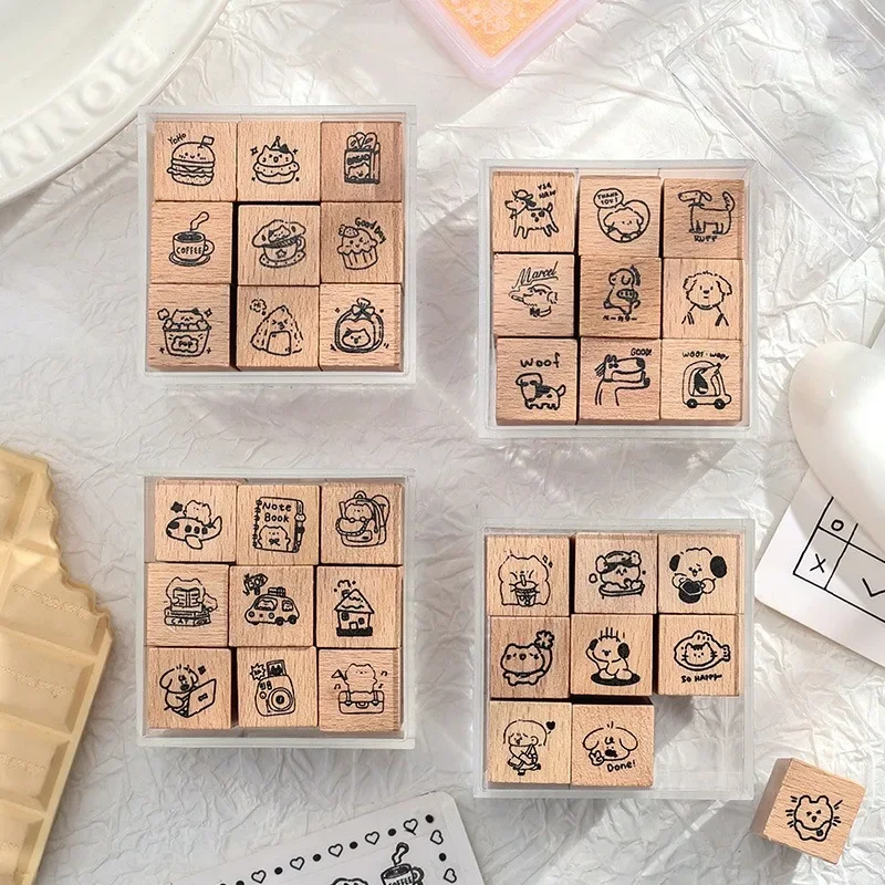 Cute Little Cat Decoration Stamp Retro Wooden Rubber Stamps for Scrapbooking Journal Diy Craft Standard Seal 9pcs/set, wooden stamps, decorative stamps