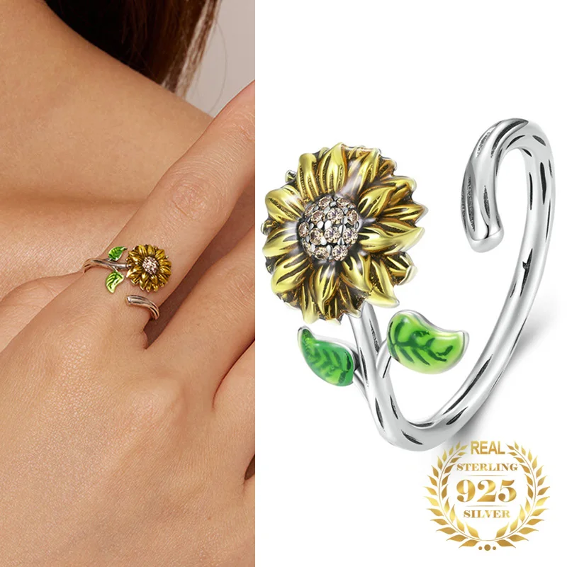 

Sterling Silver 925 Fashion Summer Jewelry Open Size Zircon Enamel Sunflower Retro Ring Women Yellow Flower Adjustable Ring Gift