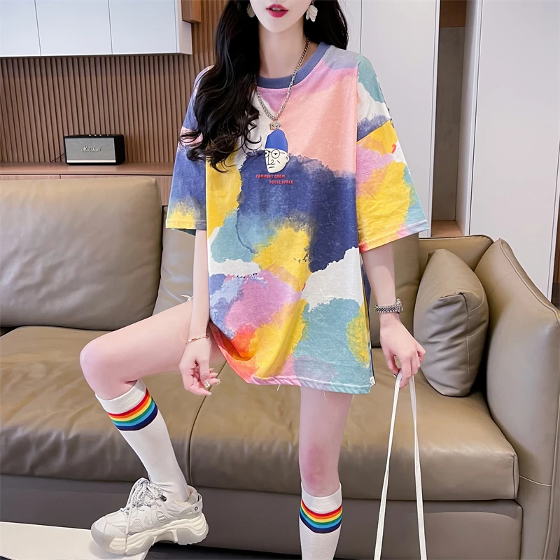 

Cotton Top Watercolor Dye Print Short Sleeve O-neck Elegant Fashion Loose Casual Long T-shirt 2024 New Summer