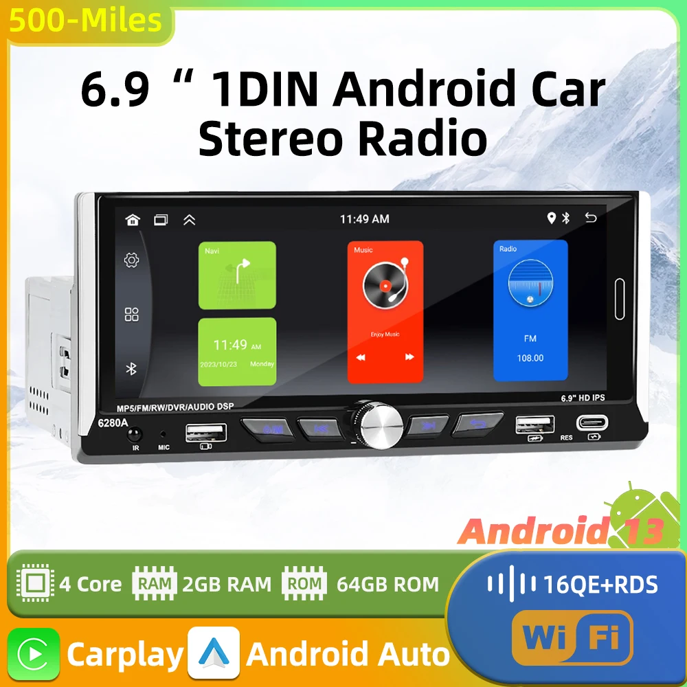 

6.9" Android Car Multimedia Player 1Din Radio Car Stereo Head Unit Wireless Carplay Autoradio GPS Navigation WIFI Android Auto