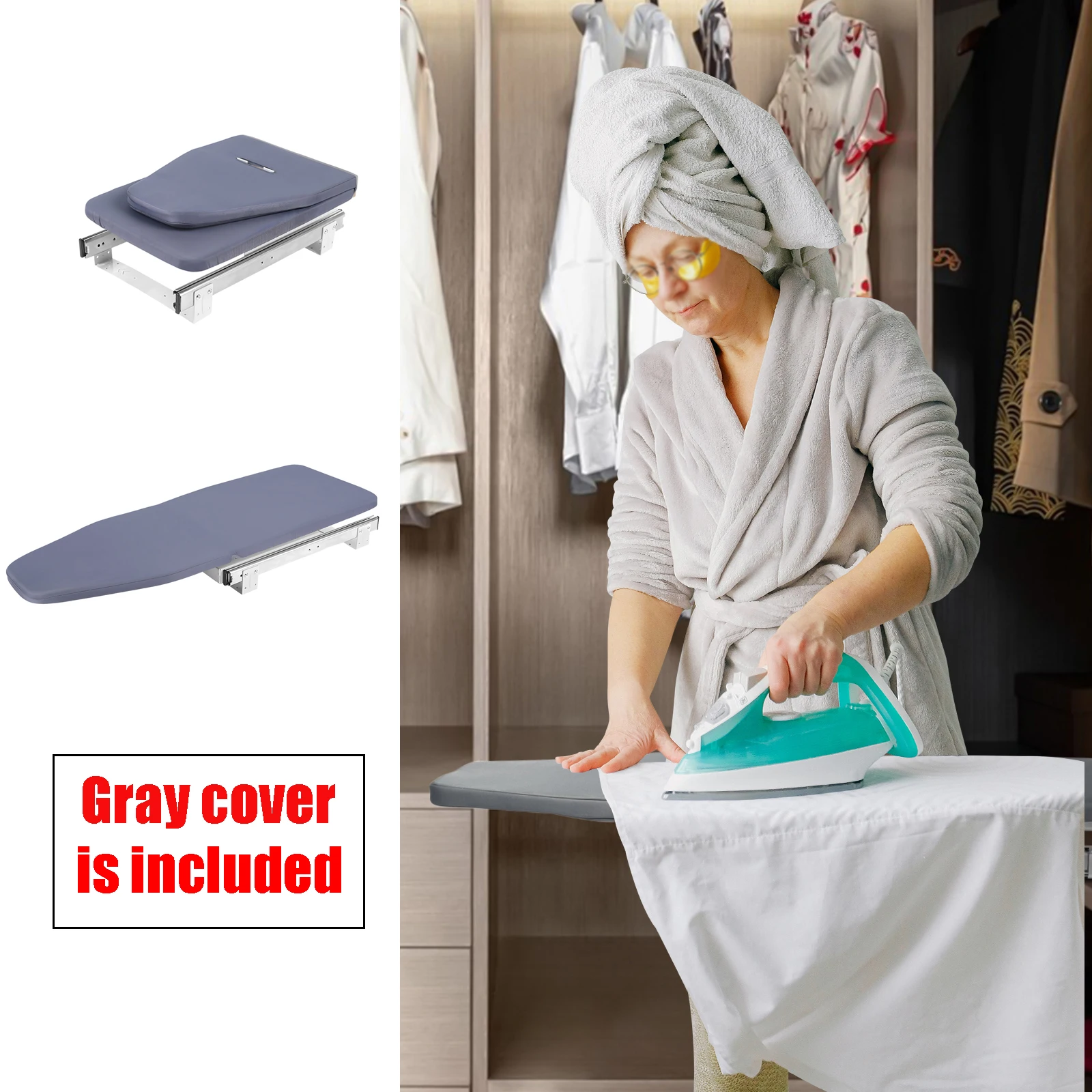 Foldable Cabinet Ironing Board, Push-Pull Sturdy Metal Frame with Removable Cover 80x29.5cm / 31.5x11.6in (Gray)