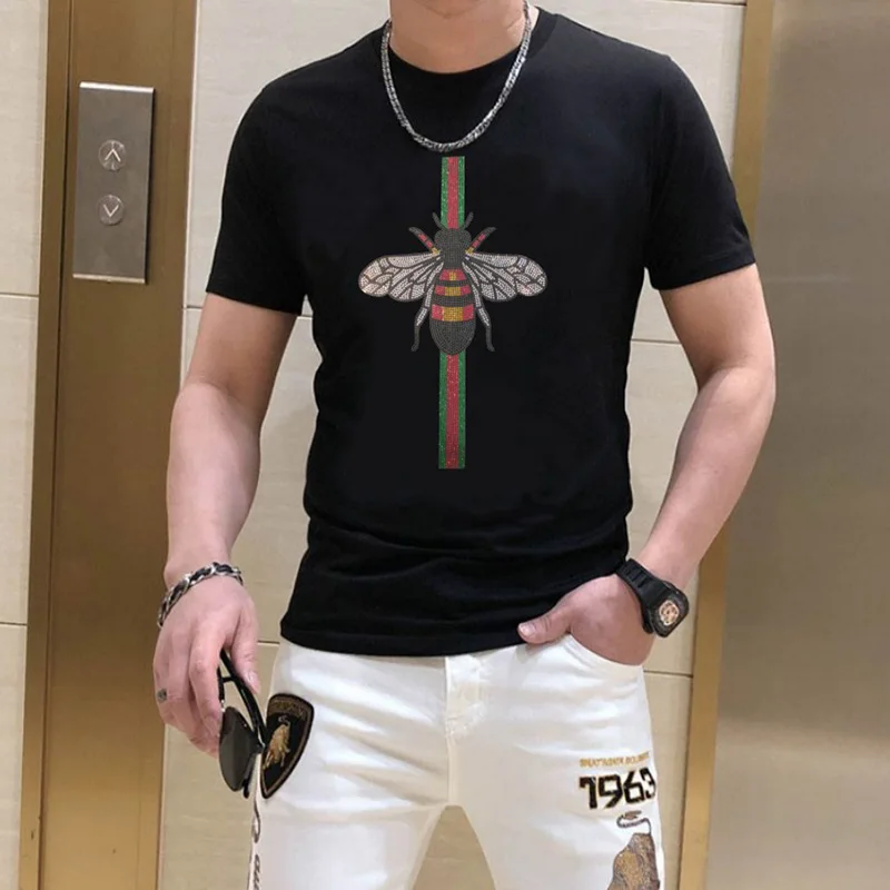 

2023 BORUNKE brand Men Fashion Rhinestone tshirt Streetwear Men Casual top tee male 134