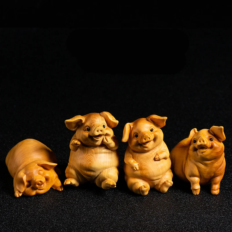 

Small Lovely Four Pigs Animals Wood Statue Carving Creative Crafts Car Decors Decoration Feng Shui Handmade Wood Statues