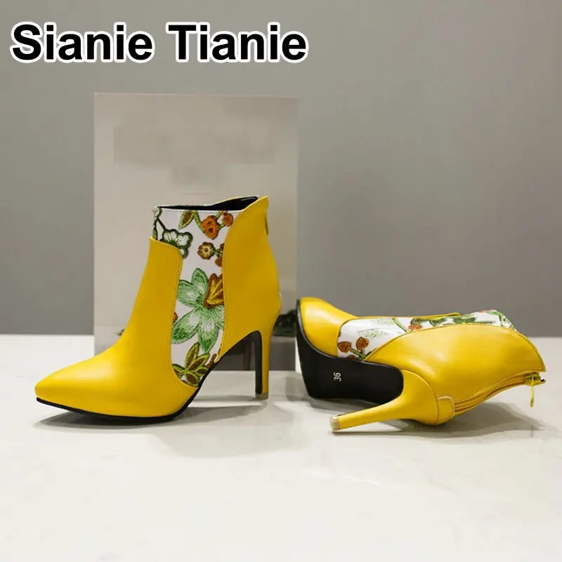 

QPLYXCO Spring Autumn Winter White Yellow Flower Printing Women Boots Thin High Heels Shoes Ladies Pumps Ankle Boots