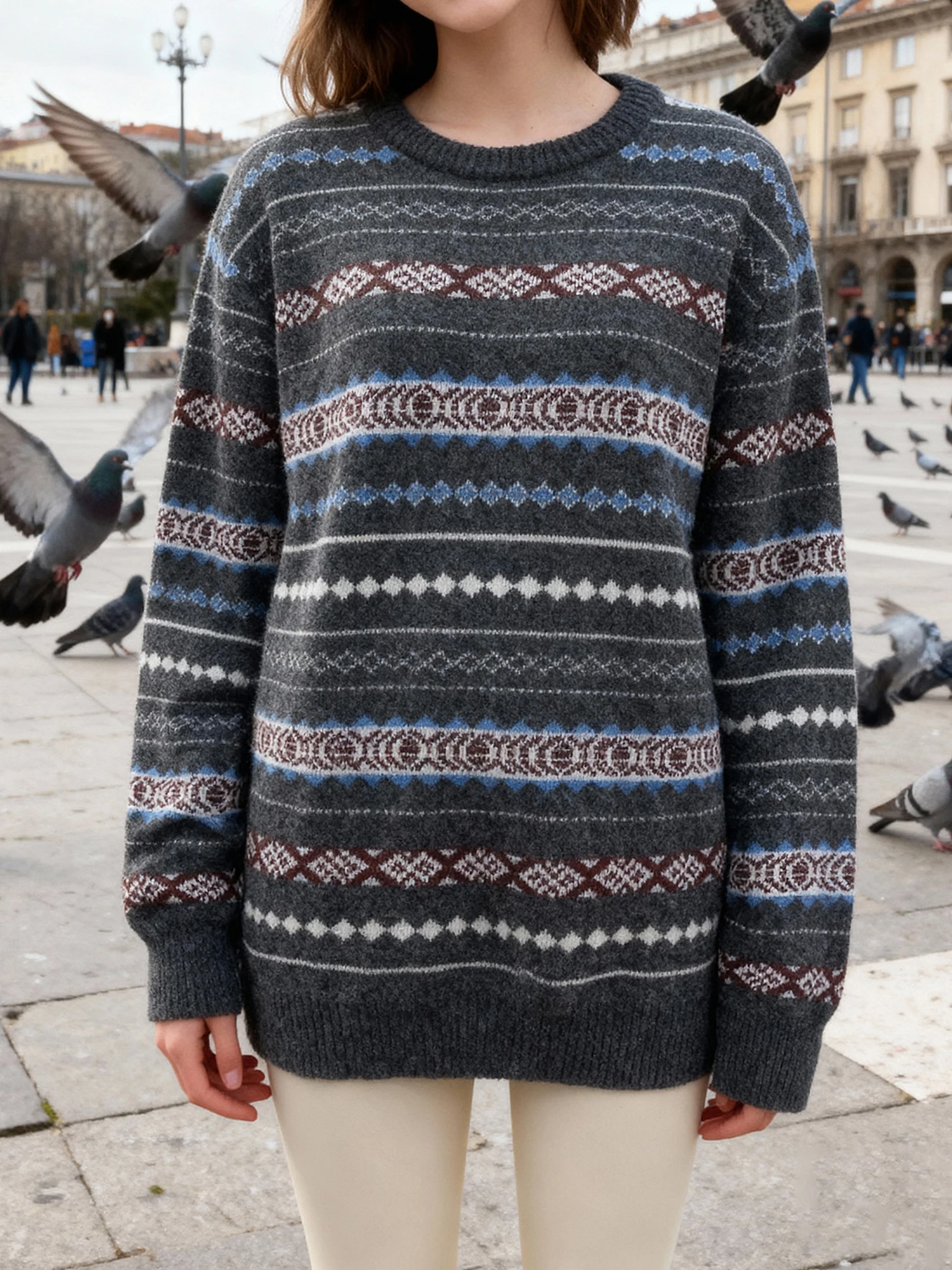 Women s Cozy Oversized Knit Pullover Sweater with Round Neckline and Striped Design for Fall Winter Fashion