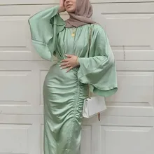 Ramadan Eid Djellaba Feminine Muslim Dress Dubai Shiny Soft Silky Satin Abaya Dubai Turkey Muslim Dress Islam Abayas Robe WY805