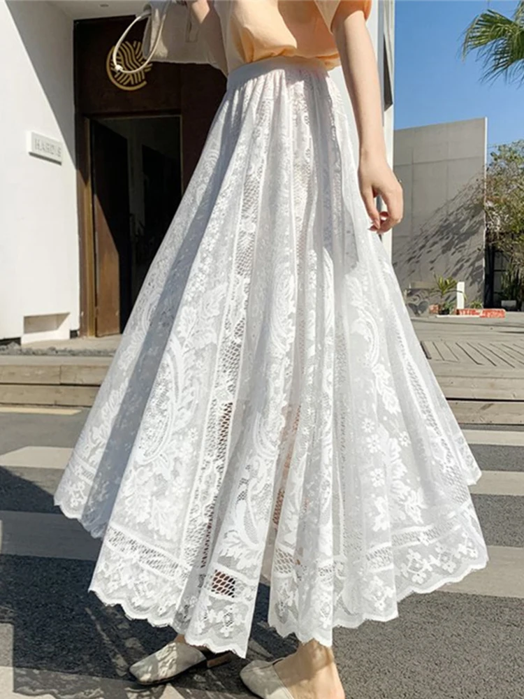 

Korean Fashion Lace Crochet A-line Skirts Women Summer Hollow Out Casual Loose Long Skirt Female Chic High Waist Versatile Skirt