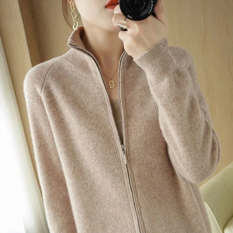Spring New Knitted Sweater Cardigan Women's Standing High Neck Loose Slimming Knitted Sweater Zipper Solid Color Jacket Autumn