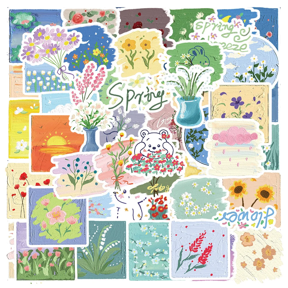 

10/30/60PCS Aesthetic Flower Oil Painting Stickers Illustration Decals DIY Decoration For Scrapbook Guitar Phone Laptop Sticker