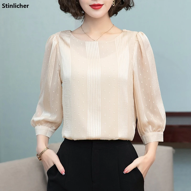 

Spring Summer Chiffon Shirts Women Blouses Casual Loose Top Long Sleeves Fashion Office Ladies Striped Work Shirts Female Blouse