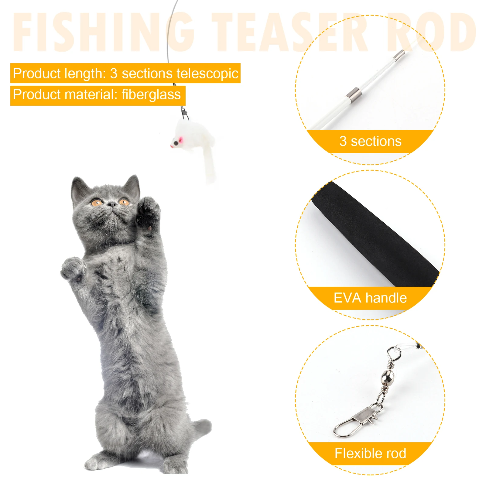 Telescopic Cat Teaser Wand Toy – Three-Section Fishing Pole Interactive Kitten Stick
