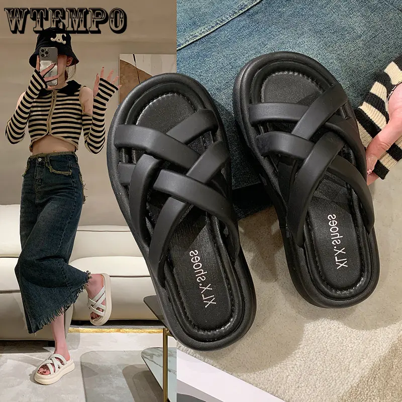 

Wtempo Women's Summer Solid Color Round Head Cross Straps Slippers Flat with Non-slip Muffin Soft Bottom Sandals Dropshipping