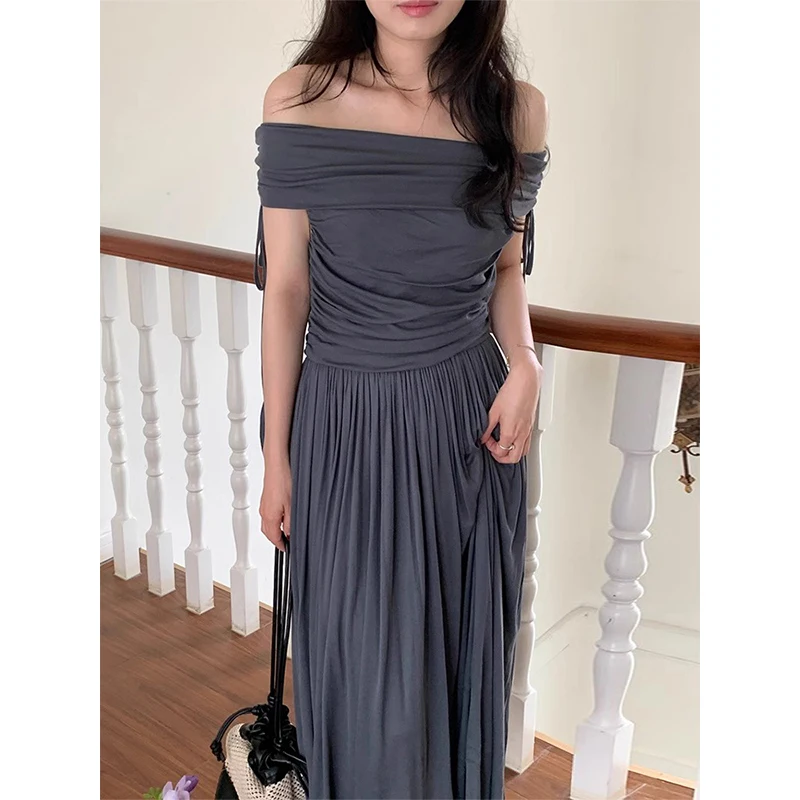 

VANOVICH корейский стиль 2024 летнее Новое элегантное платье с открытыми плечами со складками с завязкой на талии тонкое длинное женское Платье трапециевидного силуэта