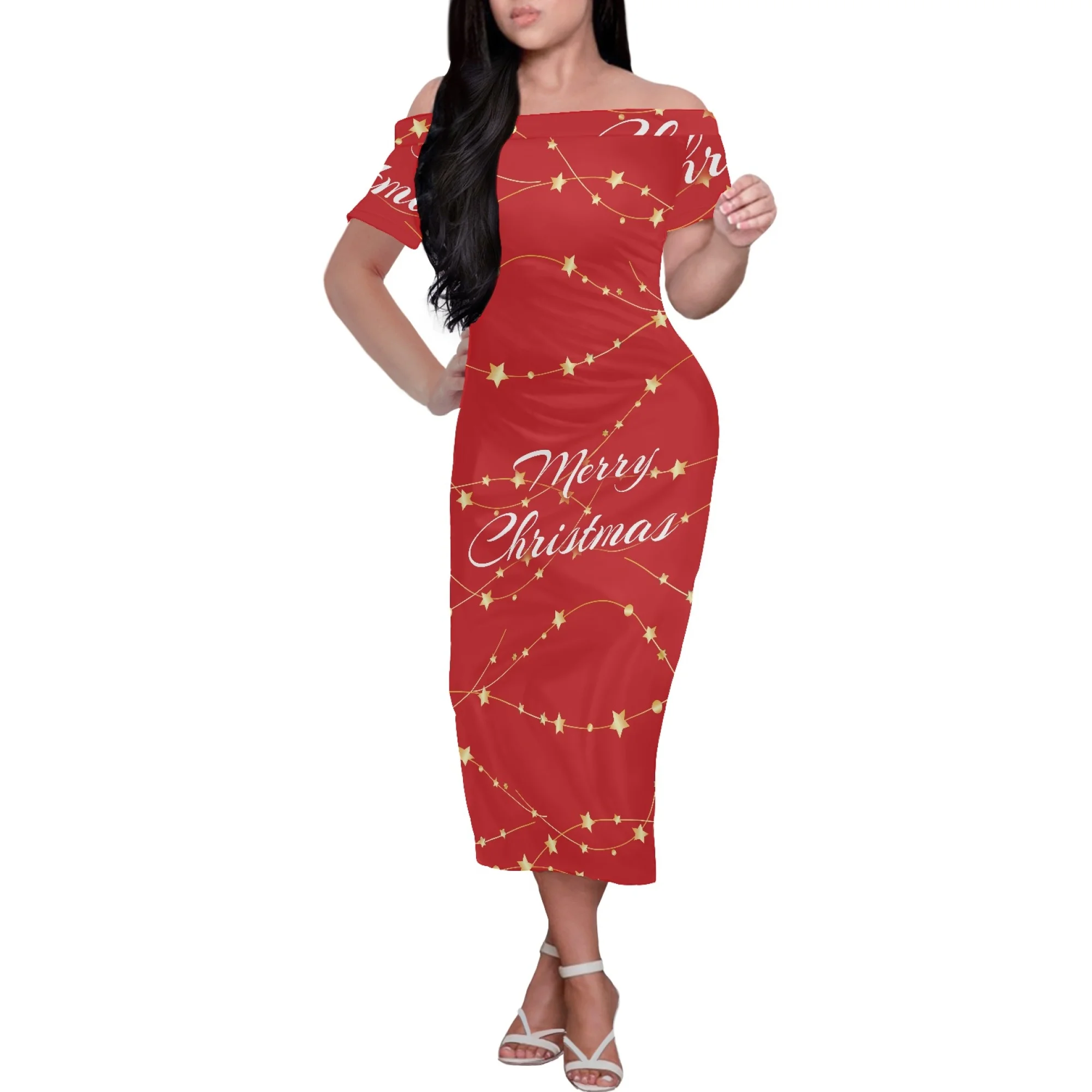 

Christmas Party Elegant Woman's Dress Polynesia Samoa Style Ladies Strapless Tight Sexy Glamour Off Shoulder Girl Clothing