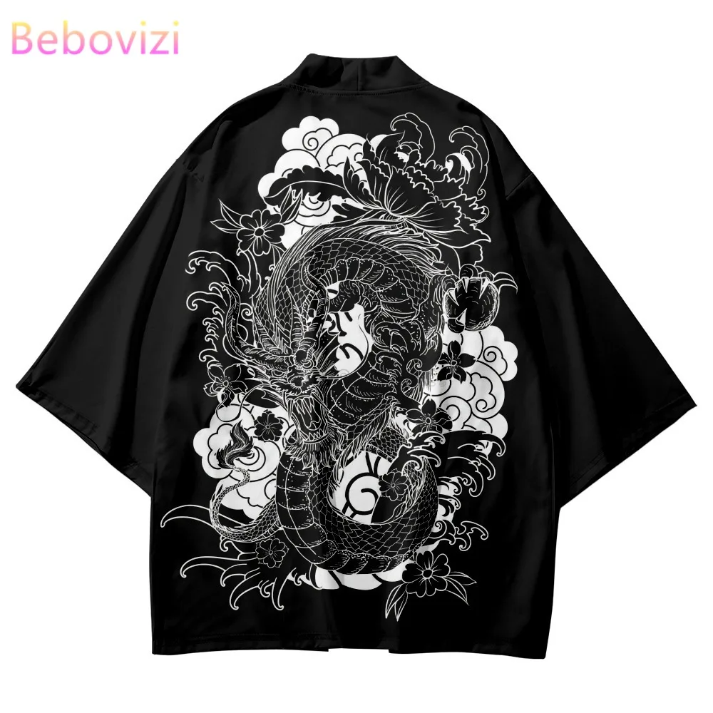 Black and White Drawing Cartoon Dragon Print Traditional Kimono Men Women Cosplay Cardigan Yukata Shirt Japanese Samurai Haori