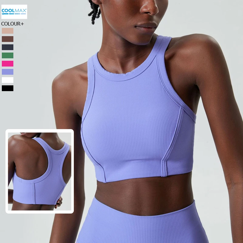 

High Impact Fitness Yoga Bra Super Stretch Round Neck Gym Crop Top Ribbed Fabric Sleeveless Running Vest Female Sportswear