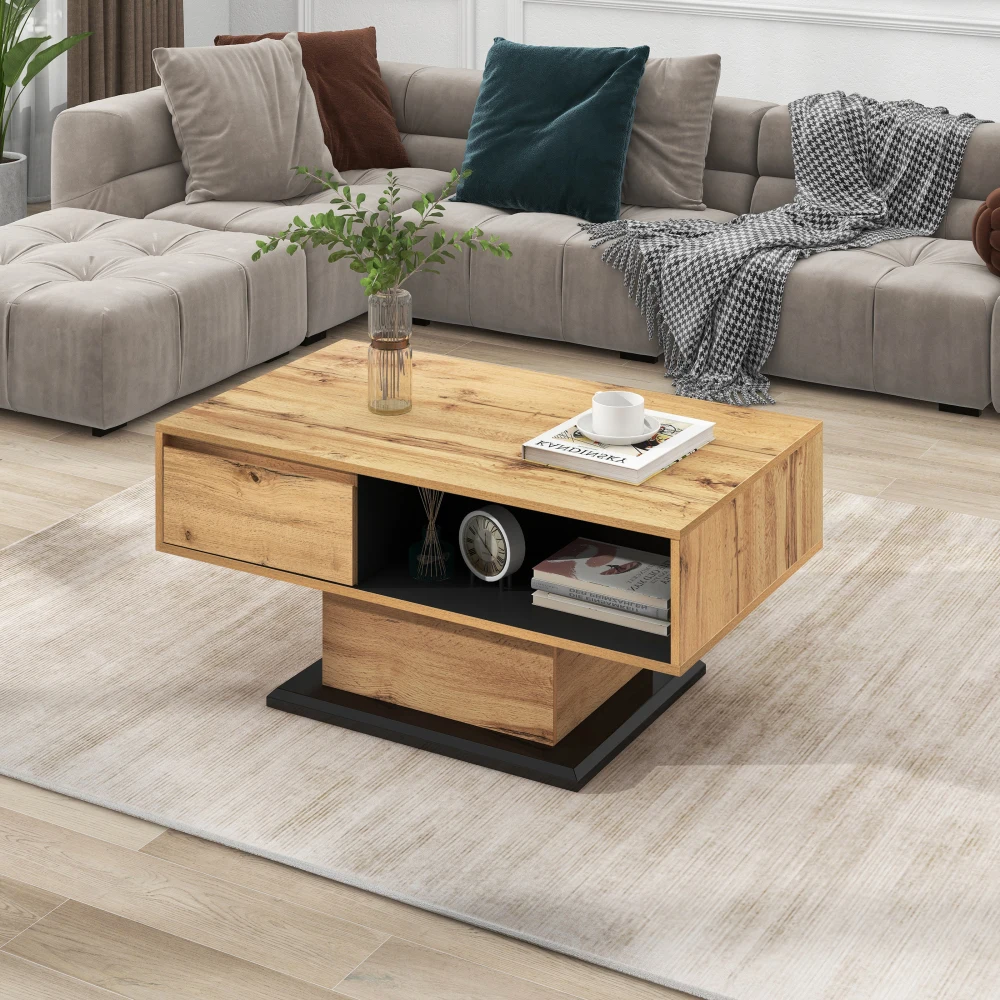 PINGGO Holz-Kaffeetisch mit Grifffreier Schublade, Hinterem Staubfach und Beidseitiger Aufbewahrung für Büro und Wohnzimmer – Detail 1
