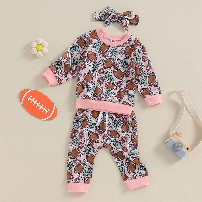 

Baby Girls Clothes Rugby Print Long Sleeves Sweatshirt Elastic Pants Cute Headband Fall Outfits Set