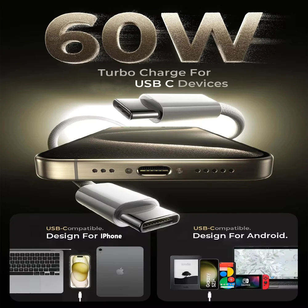 1m 2m 길이의 USB C타입 to C타입 케이블 (아이폰 15 16 17 Pro Max 아이패드 삼성 비보 데이터 충전기 PD 60W 고속 충전  USBC)