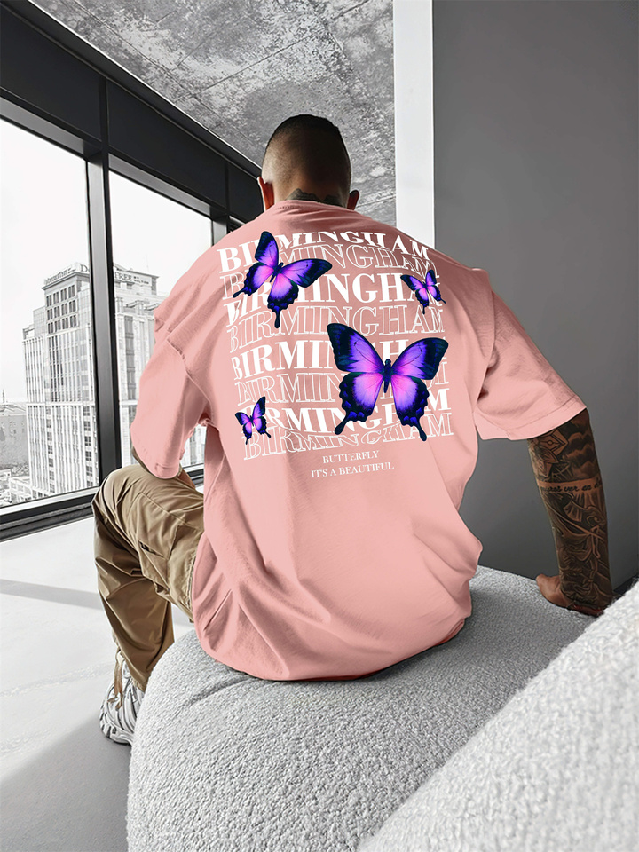 Summer men's 100% cotton comfortable casual wide plus size butterfly letter printed round neck short sleeved T-shirt top