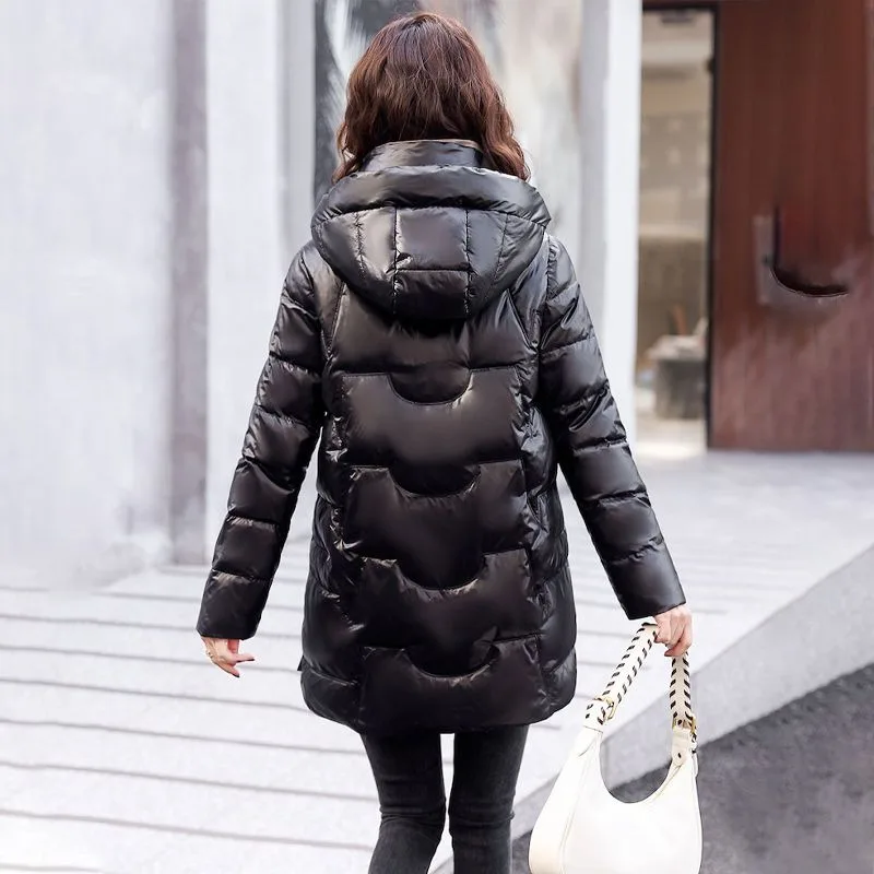 2023 New Women Down Jacket Winter Coat Female Mid Length Version Parkas Loose Thick Warm Outwear Hooded Simplicity Overcoat