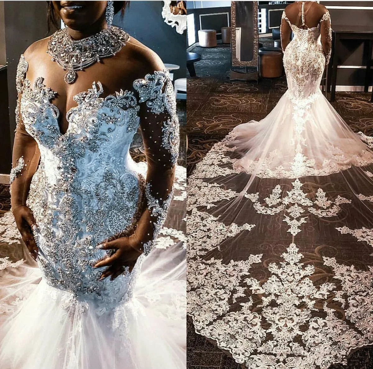 

South African Plus Size Wedding Dresses with Crystals Lace Beaded Long Sleeve Court Train Luxury Mermaid Wedding Gowns vestido