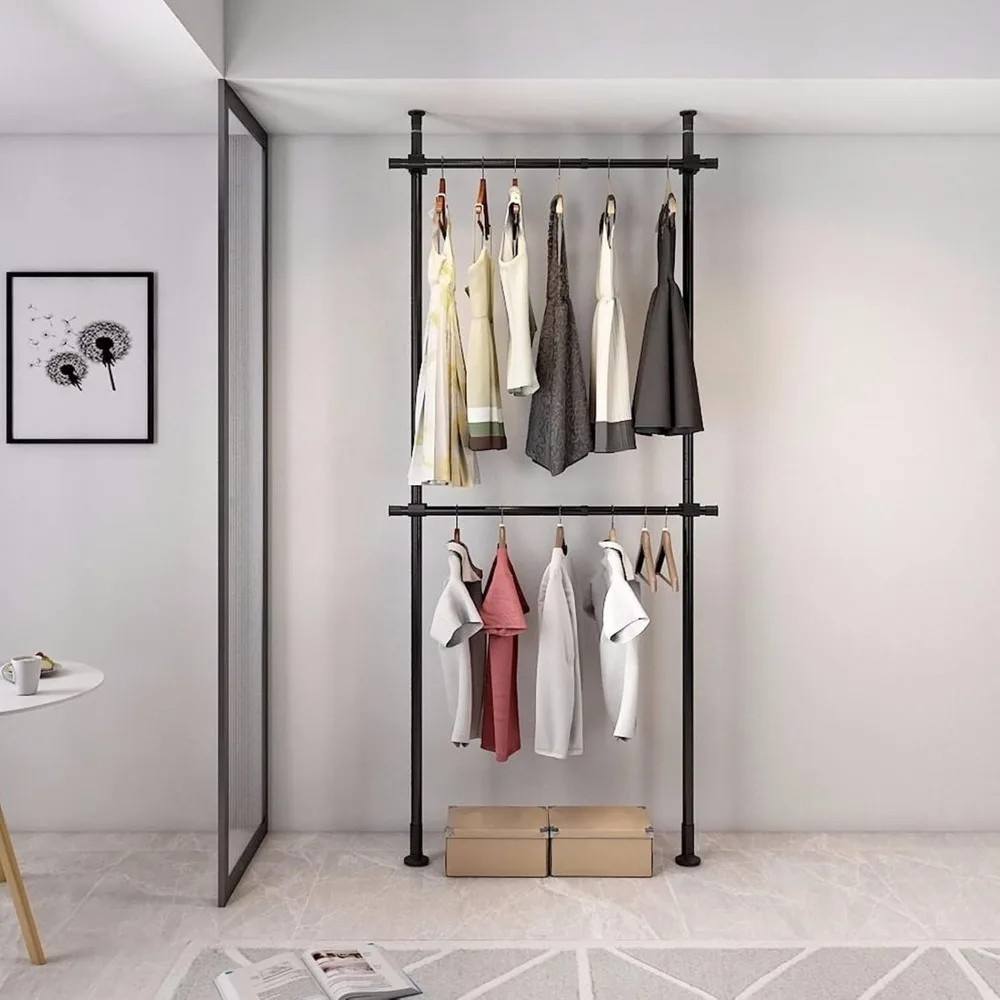 2 Tier Adjustable Clothing Rack Heavy Duty Floor To Ceiling Clothes Rack Free-Standing Garment Racks for Hanging Clothes
