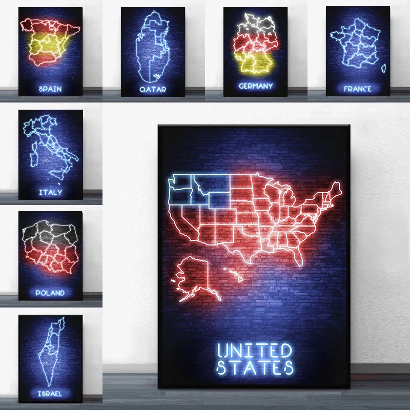 

Abstract Art Neon Sign World Map Canvas Painting Countries Map Modern Posters and Prints Wall Picture Living Room Office Decor