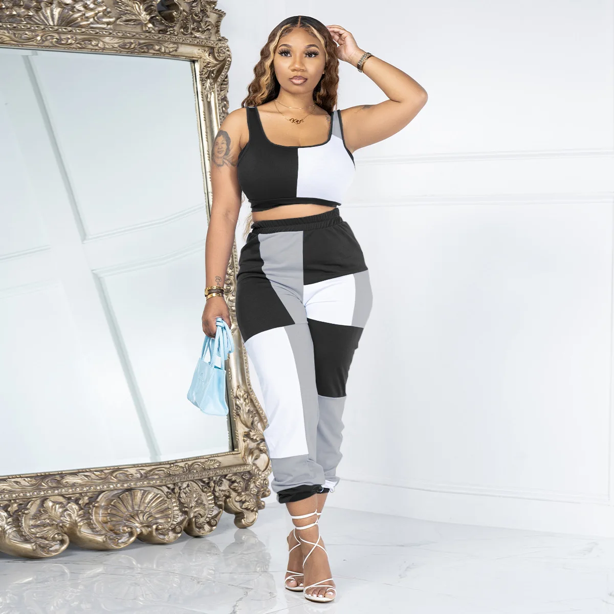 

Summer Printed Pant 2 Piece Set Women Casual Patchwork Two Piece Outfit Tank Top Tight Waist Jogger Pant Suit Women Tracksuit