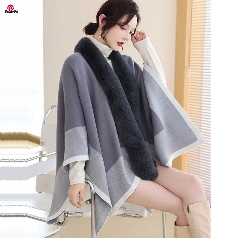 

Fashion Color Block Knit Wool Cashmere Cape Coat Faux Rabbit Fur Collar Cardigan Women Autumn Winter Loose Slim Cloak Outwear
