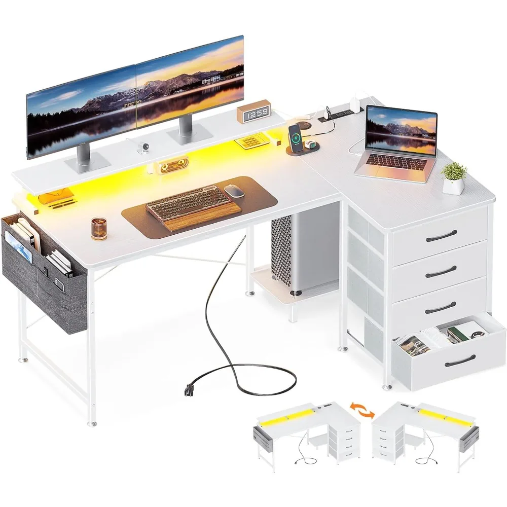 

ODK 55-дюймовый двусторонний L-образный компьютерный стол с 4 ящиками, игровой стол с фонариками и розетками питания USB