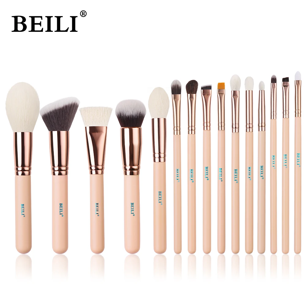 

BEILI 15Pcs Rose Gold Makeup Brushes Pink Natural Goat Hair Foundation Powder Blush Eyeshadow Brush Set brochas maquillaje