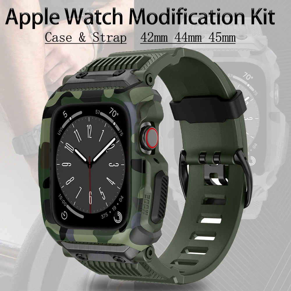 

Army Camouflage Sport Rubber Strap Case for Apple 45Mm 44Mm 42Mm Waterproof Drop-Resistant Integrated Band for Iwatch 8 7 Se 6 5