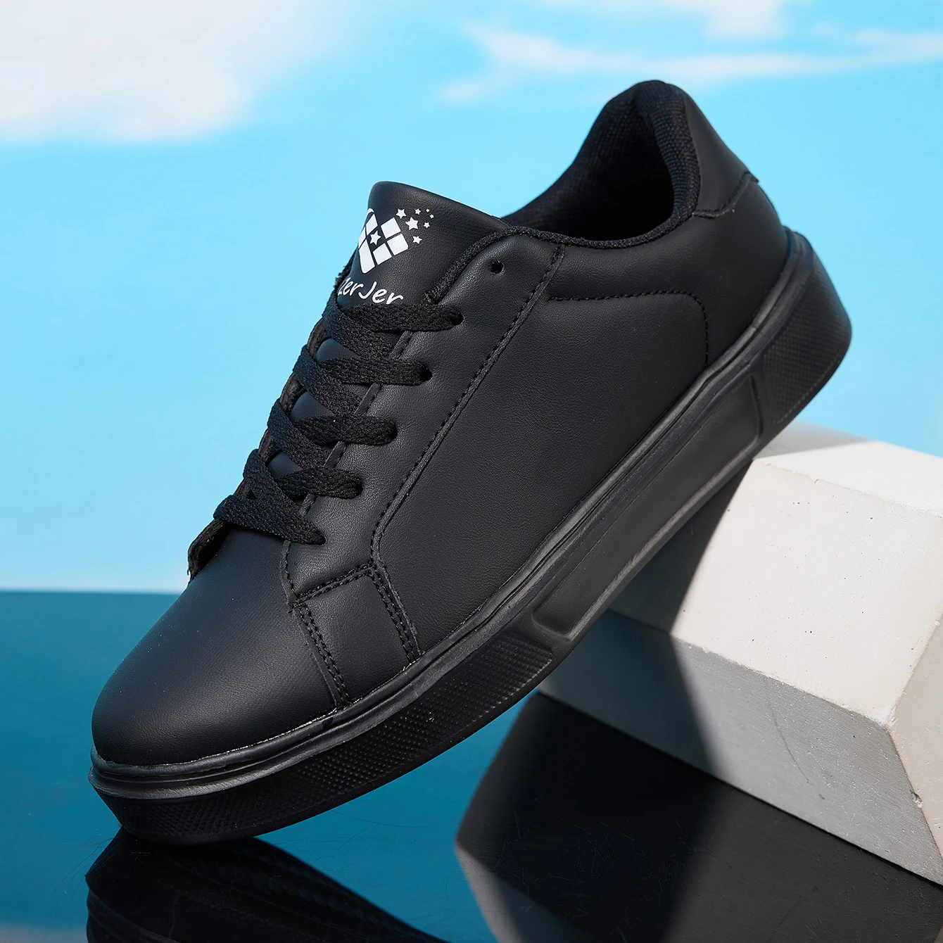 ZERJER Men's White/Black Casual Leather Sneakers, Low Top Lace-Up Skate Shoes, Comfortable Walking Footwear 5