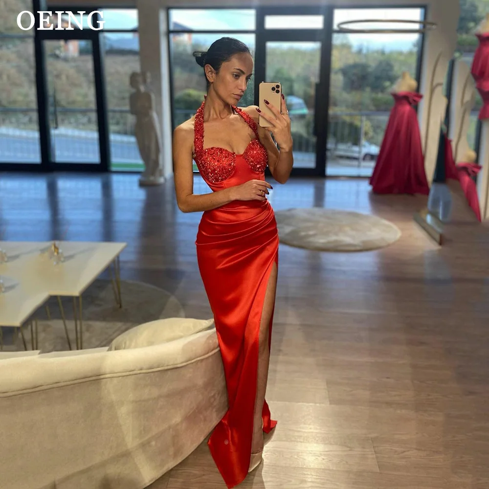 

OEING Sweetheart Mermaid Evening Dresses Red Gitter Sequin Split Pleats Prom Gown Modern Formal Party Dress Vestidos De Gala