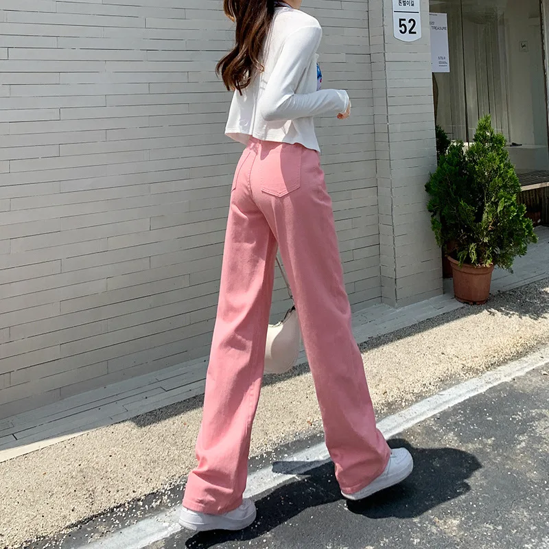 Summer Pink Chic Ripped Jeans Women High Waist Multi-Button Wide Leg Pants Solid Colors Casual Commute Trousers Black Streetwear