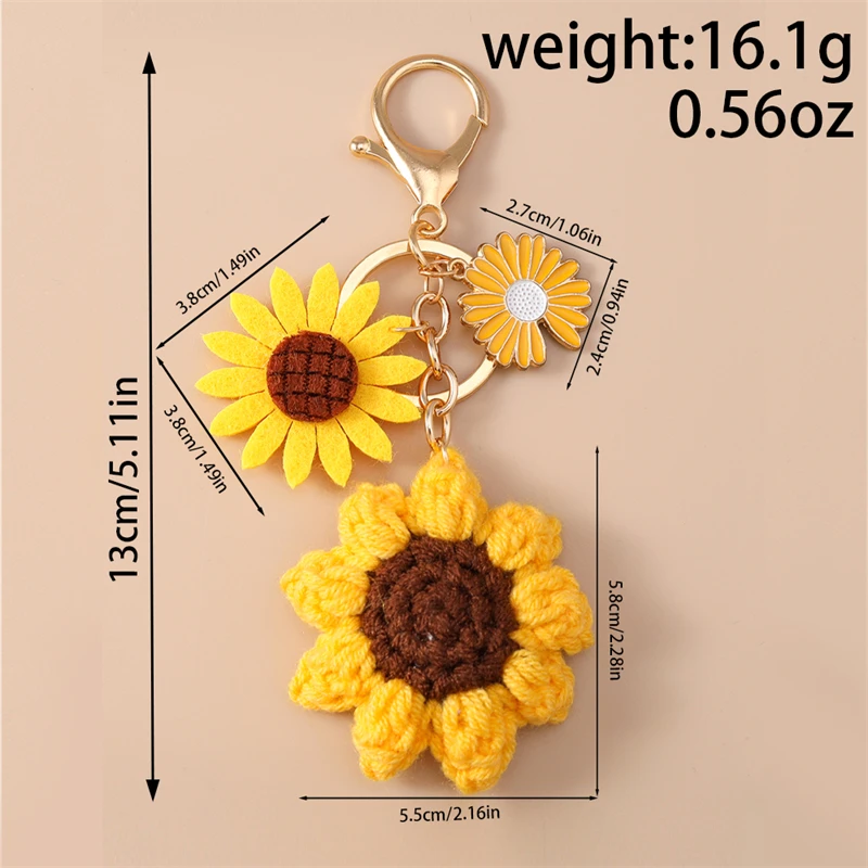 Modischer handgefertigter gestrickter Sonnenblumen-Schlüsselanhänger für Damen und Herren, Autoschlüsselhalter, Handtaschenanhänger, Schlüsselringe, Accessoires, DIY-Geschenke – Detail 1