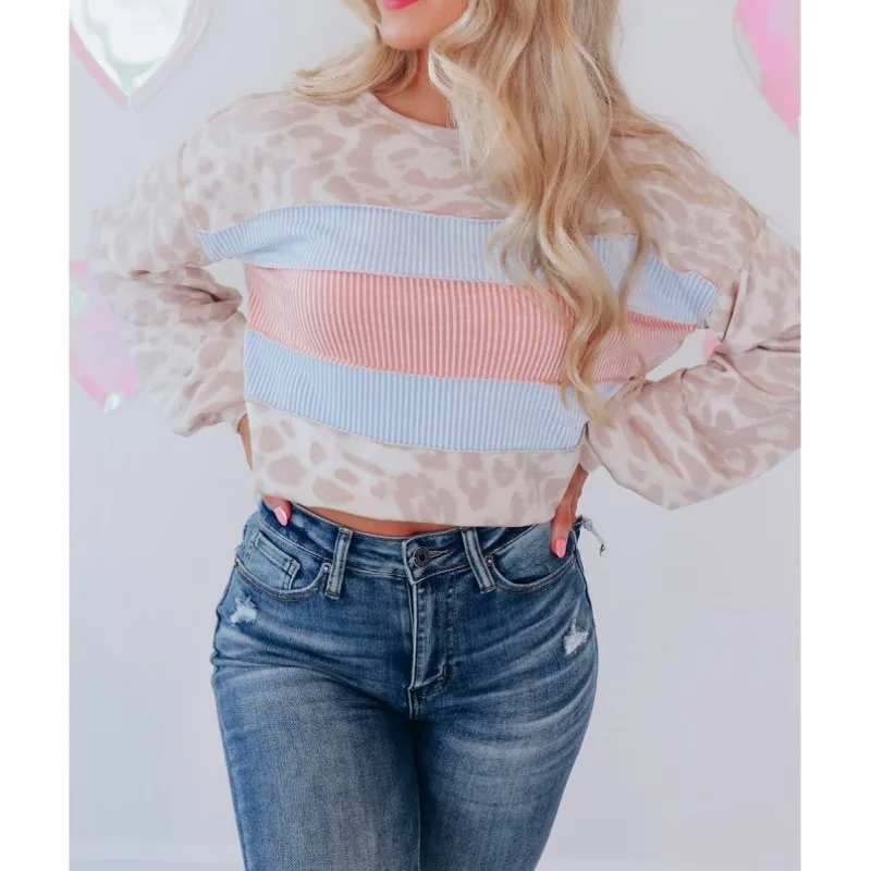 Female Clothing Spring Autumn Women's New Contrast Color Sweater Casual Fashion Leopard Print Long Sleeve Round Neck Tops
