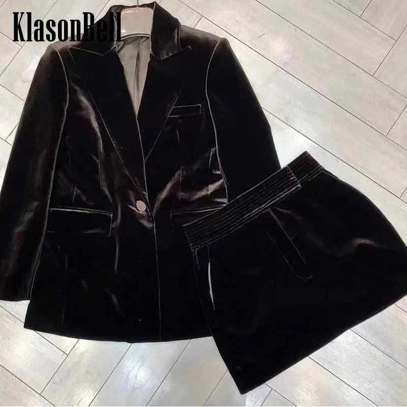 

12.19 KlasonBell Fashion Black Velvet Set Single Button Long Sleeve Blazer Or High Waist A-Line Skirt Or Shorts Women