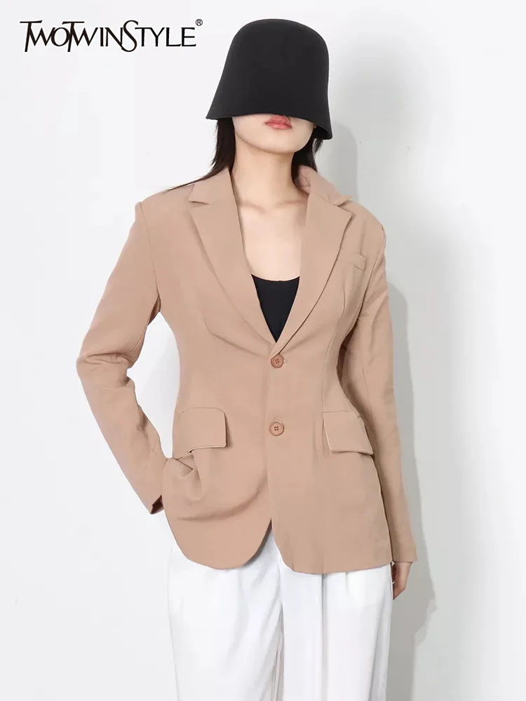 

TWOTWINSTYLE Minimalist Solid Slim Blazers For Women Notched Collar Long Sleeve Single Breasted Coats Female Fashion Clothes New