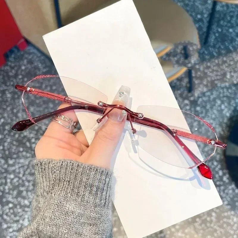 Fashion Frameless Cutting Edge Reading Glasses Red and Purple Starlight Fine Flash Presbyopia Eyewear Anti Blue Light Glasses 3