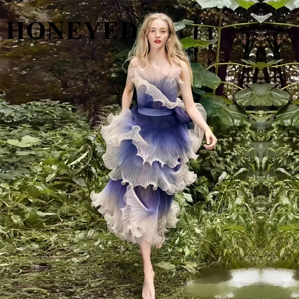 

HONEYED 2024 Sweet Strapless Gradient Ruffle Prom Gown Tea-Length Evening Formal Elegant Party Dress Graduation Dress For Girls