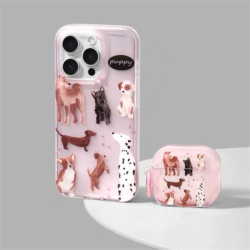 

Lovely pink puppy dog silicone case for iphone 15 13 14pro 12 15 pro max shockproof cover for airpods 3 2 pro 2 protective cover