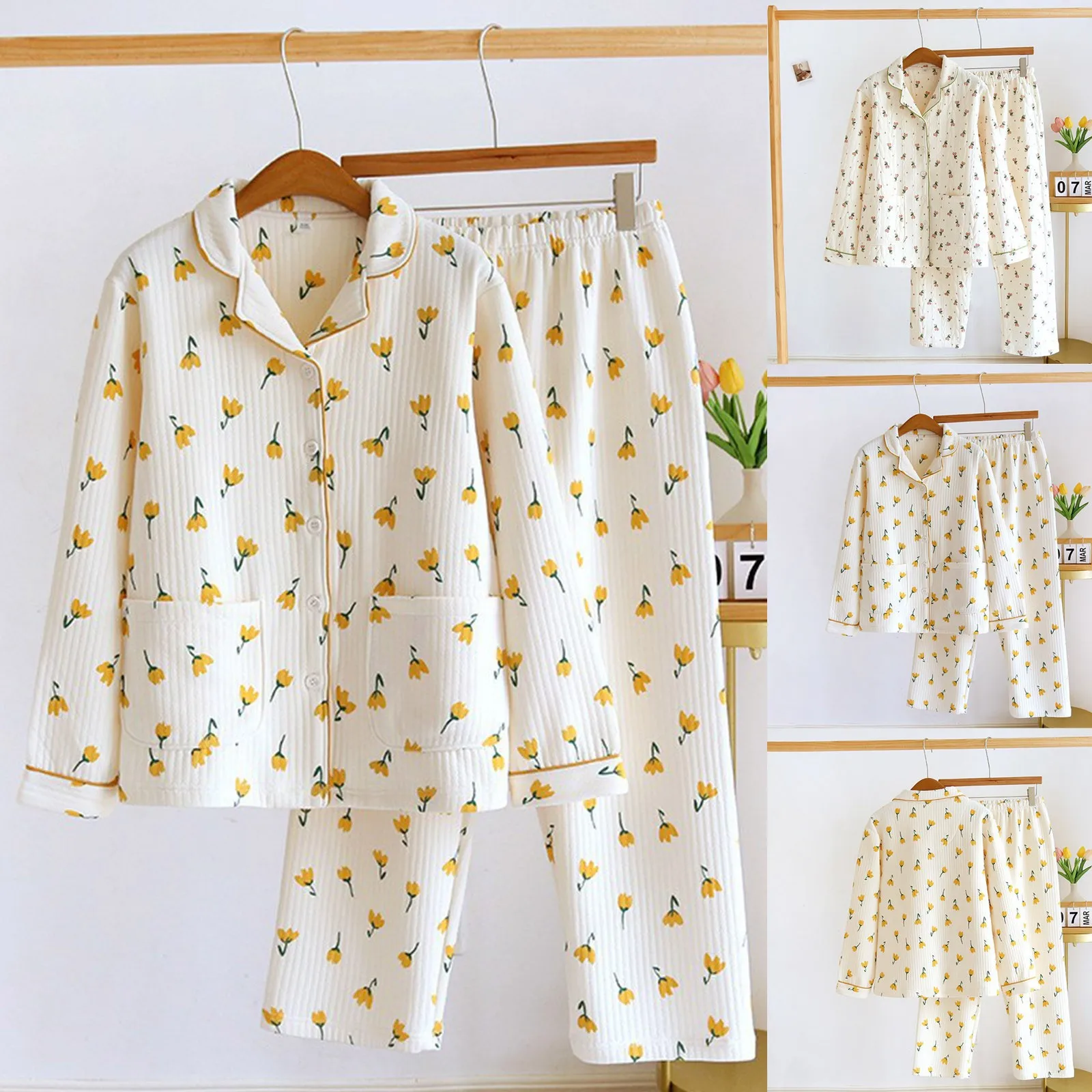

Pajamas Set Sleepwear Women Autumn Winter Floral Long Sleeve Cardiganshirts Trousers Pajama Sets Loungewear Pyjamas Nightclothes