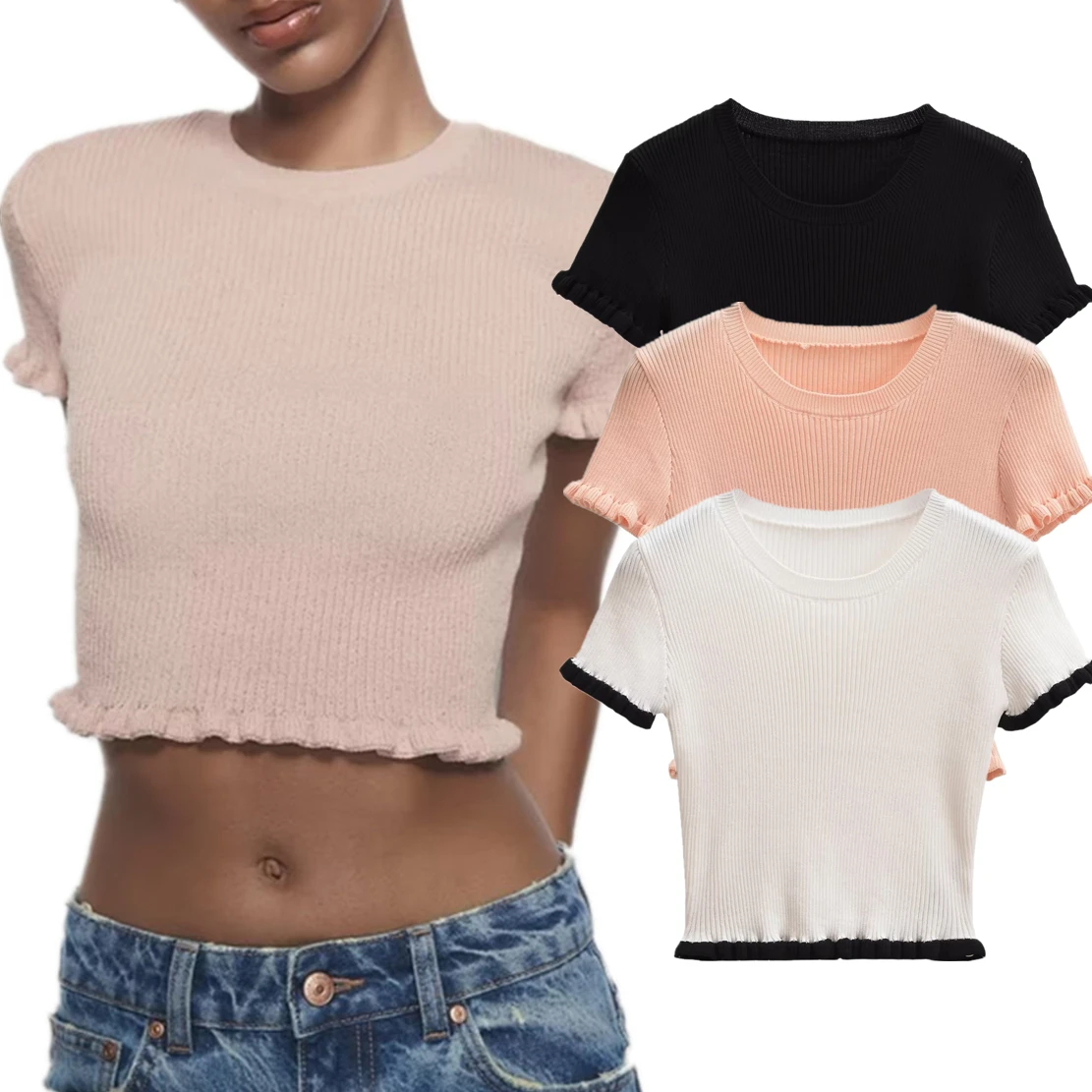 

Elmsk British Fashion Girls High Street Cropped Rib T-Shirt Knitted Basic Tops Women
