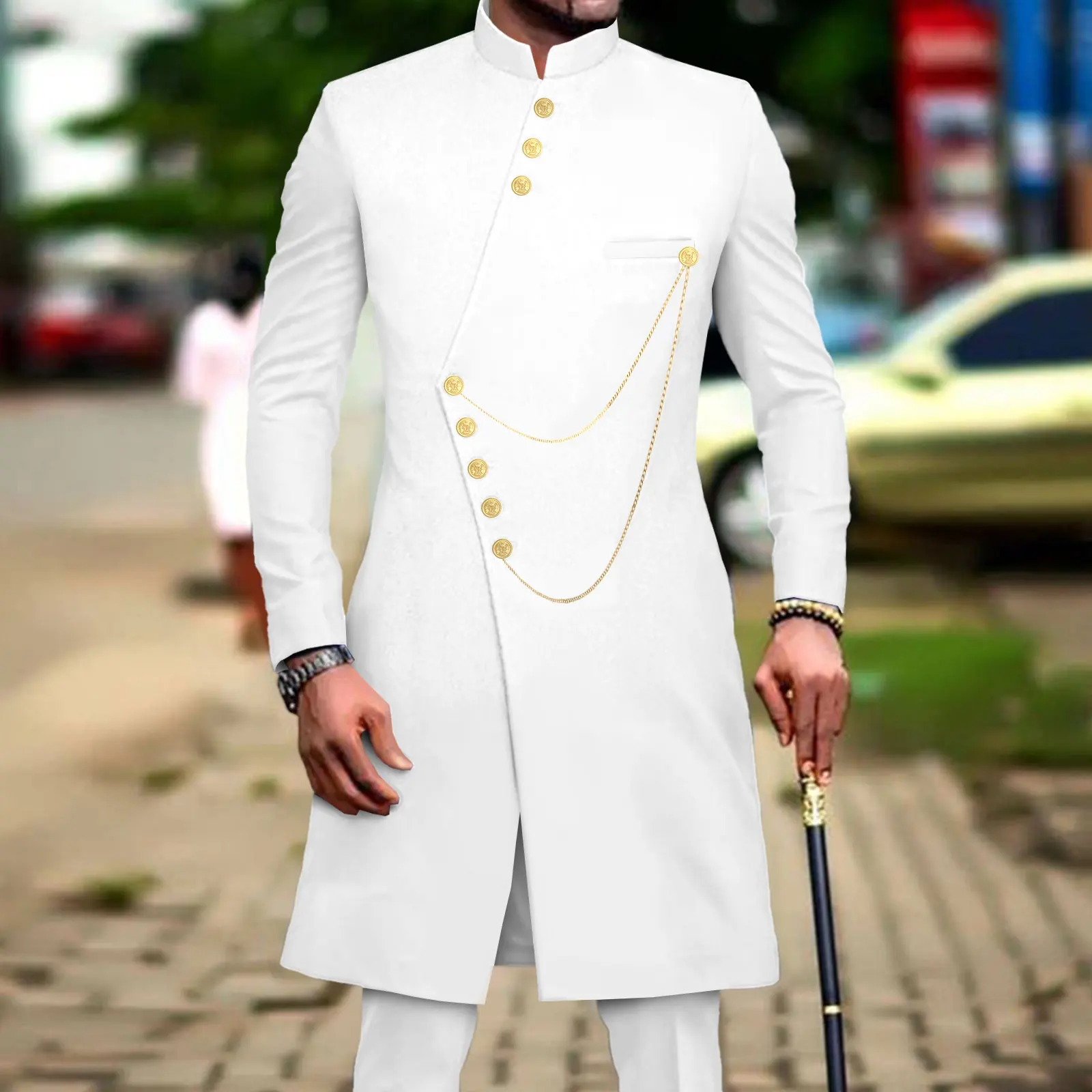 Men`s Suit African Clothes Dashiki Single Breasted Long Jackets and Pants 2 Piece Set Slim Fit Formal Outfits Coats A2316014