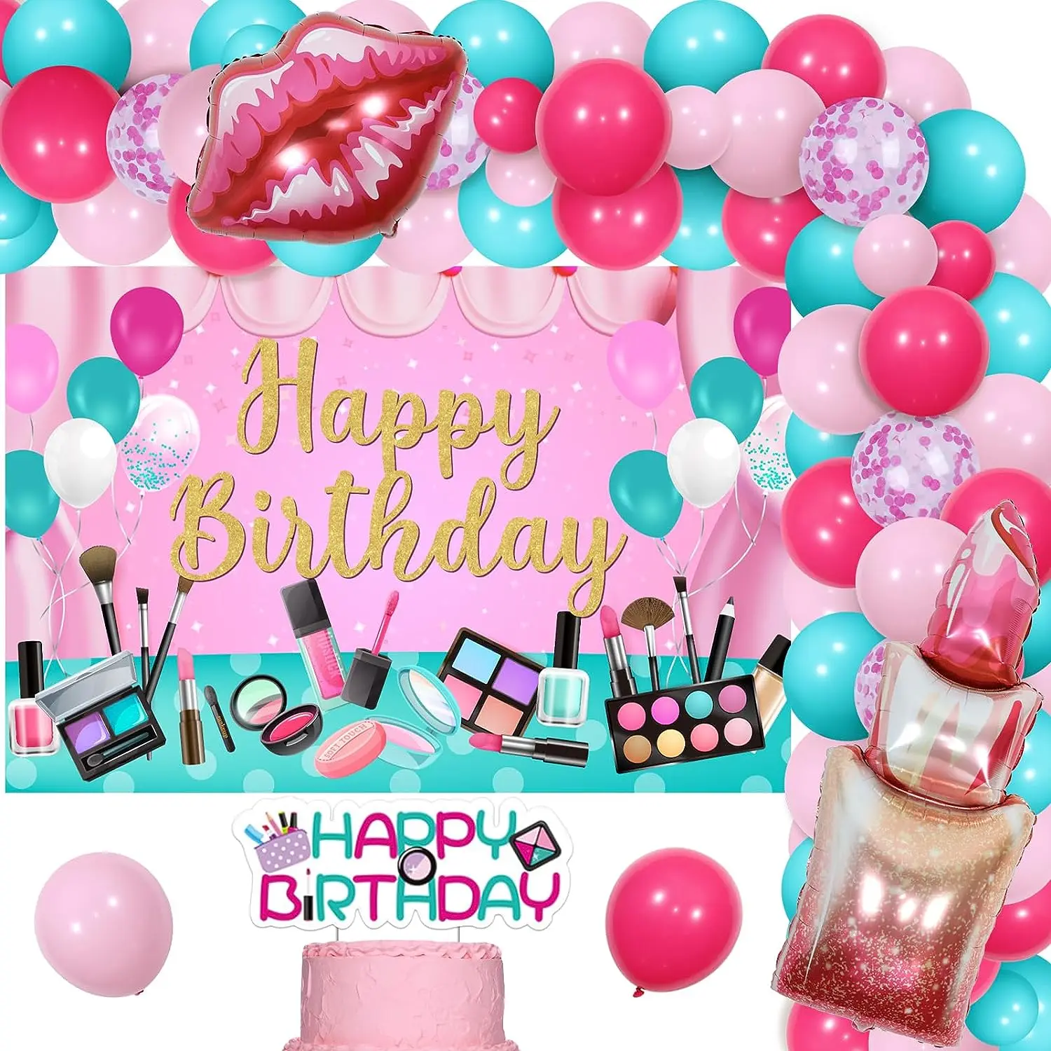 

JOYMEMO Spa Party Decorations for Girl Makeup Birthday Party Supplies Spa Backdrop Makeup Cake Topper Lipstick Lip Foil Balloons