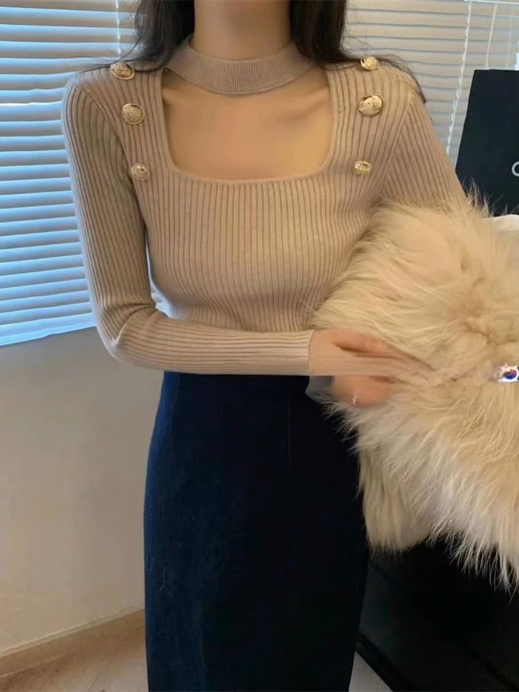 

2023 Autumn Women's Pullovers New Korean Style Hollow Out Collar Long Sleeve Female Solid Color Sweater Slim Jumpers Knitted Top